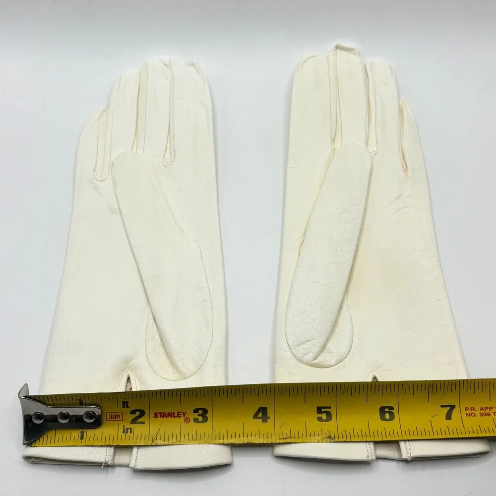 Vintage Cream Kid‎ Leather Gloves Lattice Cutout Cuff Mid Century White Ivory